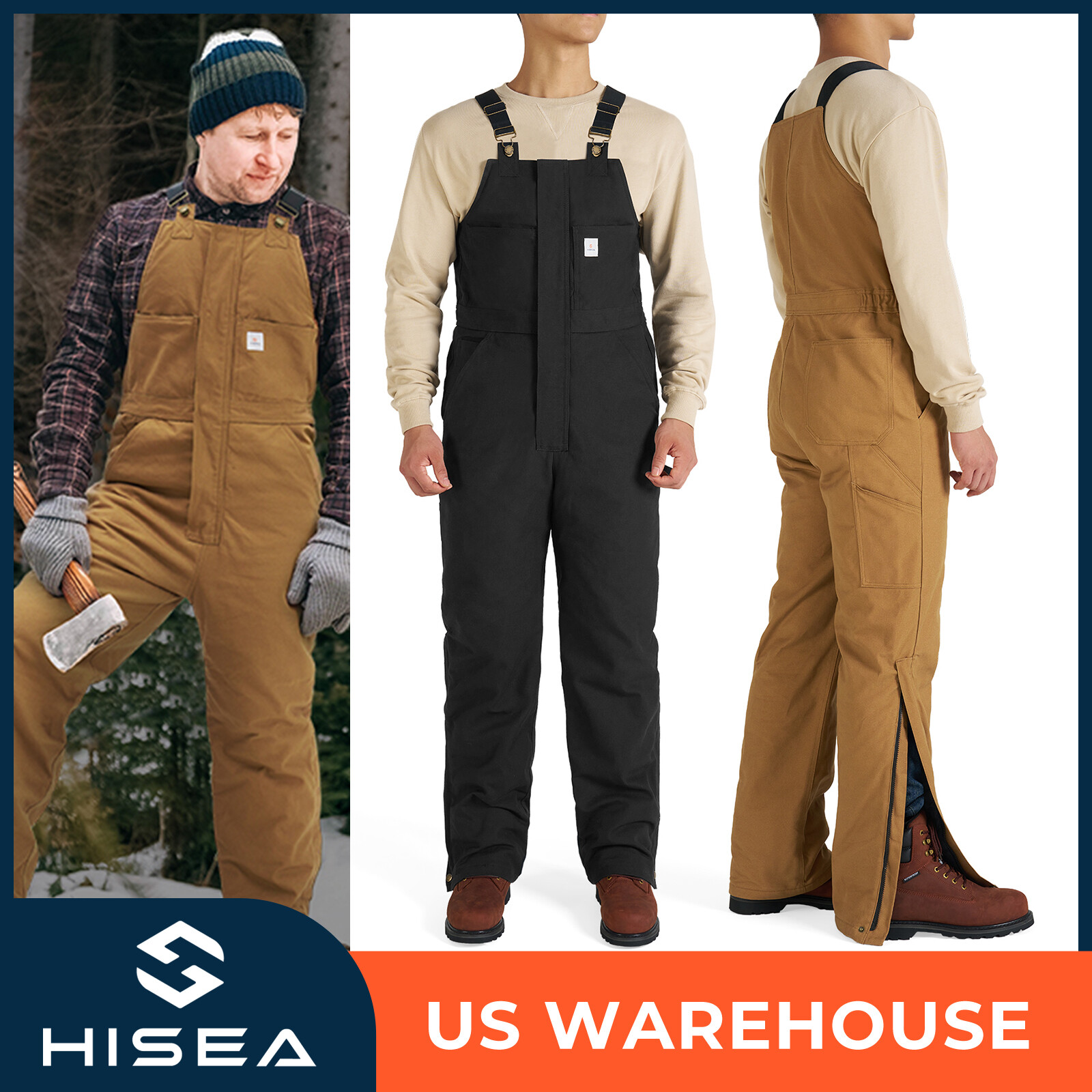 HISEA Men Canvas Insulated Bib Overalls Windproof Winter Workwear Jumpsuit Pants