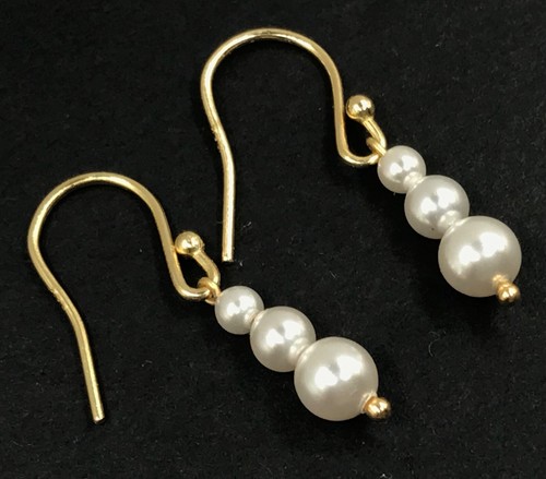 Faux pearl round drop earrings gold on solid Sterling silver, triple. Gift box - Picture 4 of 7