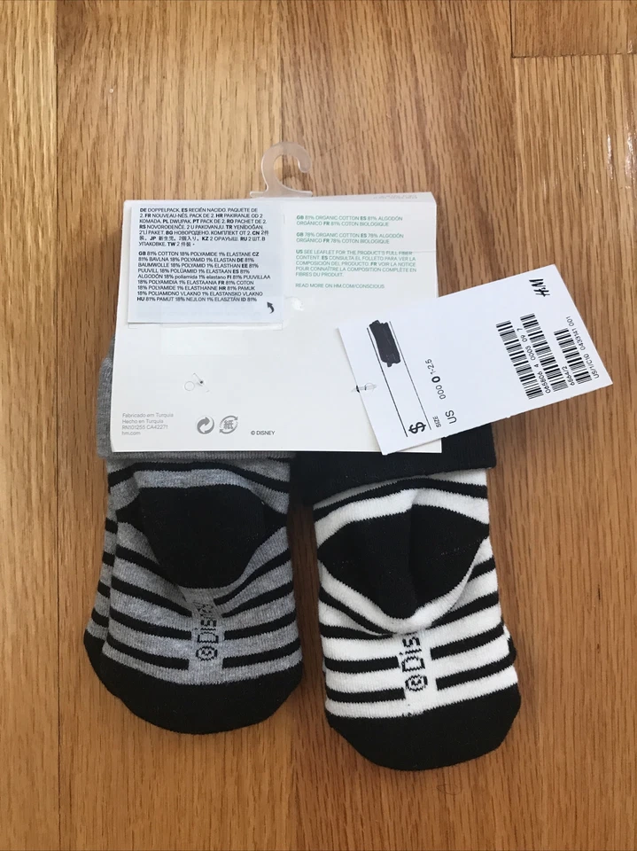 NEW Disney Newborn Mickey Mouse Socks, Black/Grey/White Organic Cotton Blend, 2 - Image 2 of 3