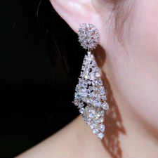Long Statement Zircon Handkerchief Dangle Earrings Silver Plated Wedding Jewelry