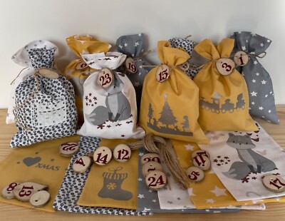 Adventskalender,  Adventskalender zum befüllen aus Stoff, grau/senfgelb