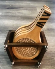 Vintage 7 Piece Set Tennis Racket Coasters Wood and Cork with Holder