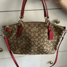 Coach Signature Monogram Satchel Top Handle Zip Detachable Strap Brown Red