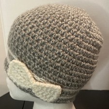 Women  s Gray  Teen/Adult Crochet Knit Beanie Hat White Bow