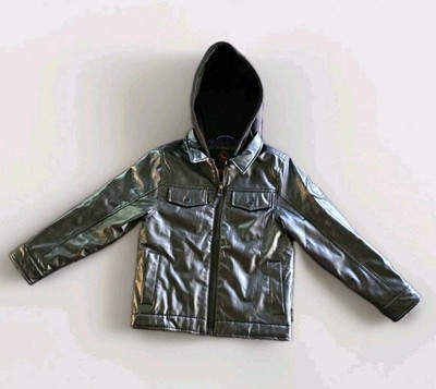  Hawke & Co Boys SZ 8 Faux Leather Moto Jacket Removable Knit Hood Quilted  EUC