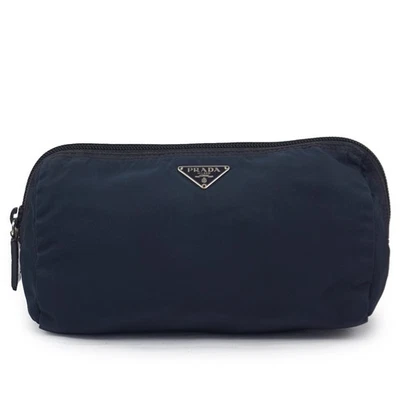 PRADA Logos Tessuto Nylon Cosmetic Pouch Bag Dark Navy Auth B26G326 - Photo 1/4