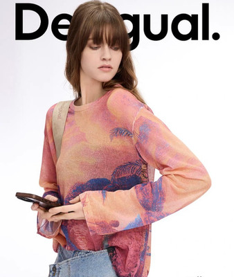 Desigual Lightweight Tropical Rainforest Print Long-Sleeve Knit Top size L