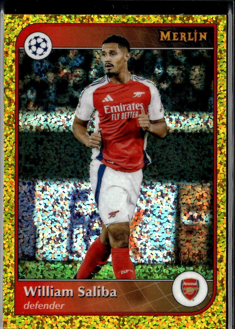 William Saliba 2025 Topps Merlin UEFA Gold Refractor /50 Arsenal Arsenal FC