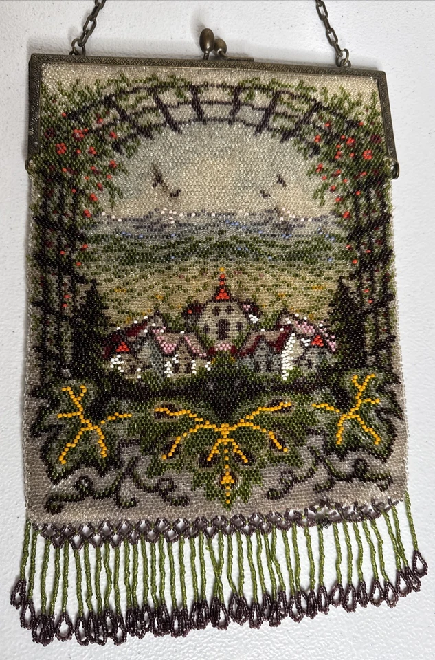 Bolsa de noite antiga vitoriana francesa contas de vidro cena vila - Imagem 2 de 4