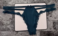 VICTORIA'S SECRET M GREEN SATIN SMOOTH VELVET STRAPPY LACE RARE THONG PANTIES