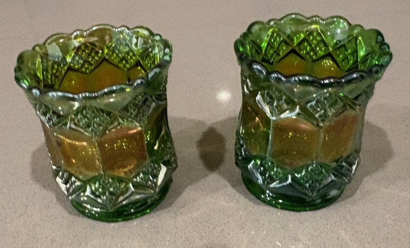 VTG PAIR Imperial Green Iridescent Carnival Glass Toothpick HLD OR Shot GS 2.5"H