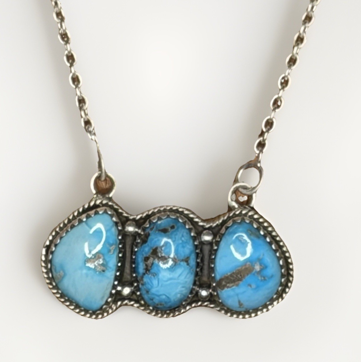 Sterling Silver Real Turquoise 3 Stone Necklace Southwestern Bar Pendant NEW