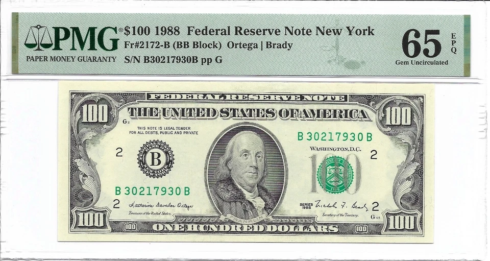 1988 $100 NEW YORK FRNs. 2 Consecutive & PMG GEM Uncirculated 65 EPQ Banknotes. - Image 2 of 4