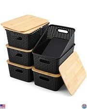 Storage Bins Set of 6 with Bamboo Lids, Lidded Plastic Organizers for Home Use