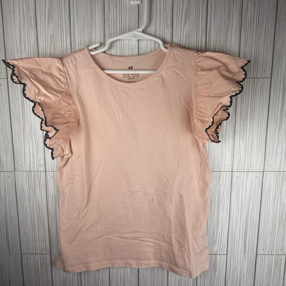 H&M Girls Butterfly Sleeve Top Size 8 - 10 Pink With Grey Pipping Classy Cute - Image 2 of 4