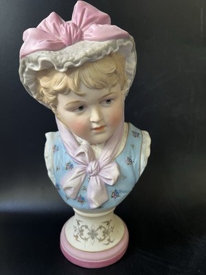 Vtg German Bisque Porcelain Bust Girl Pink Bonnet Blue Dress Heubach Era 9.5''