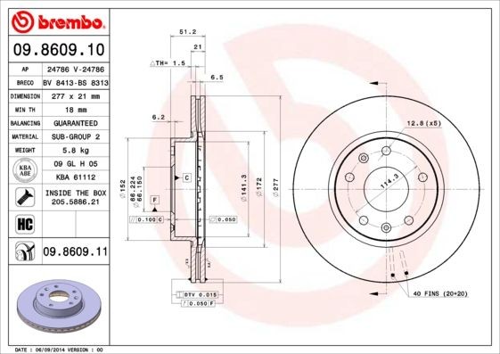 Disque de frein BREMBO 09.8609.11 pour LAND ROVER - Pack de 2 pièces d'origine en acier fonte
