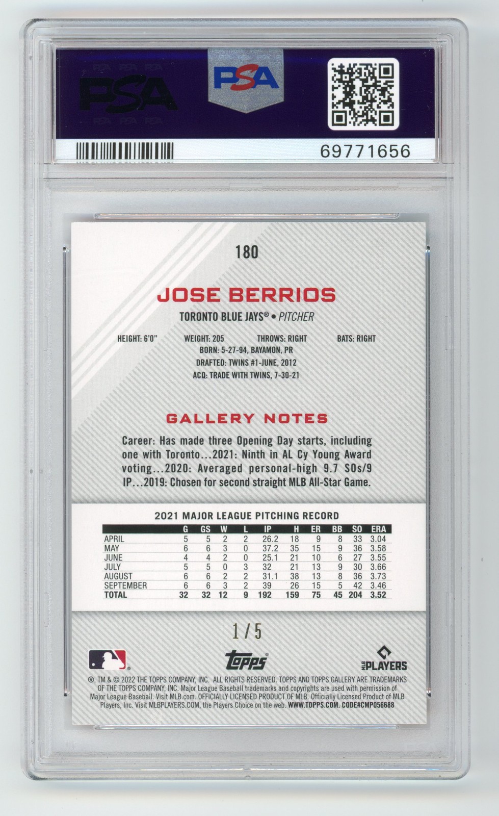 2022 TOPPS GALLERY JOSE BERRIOS RED 1/5 PSA 10 #180 GEM MINT BLUE JAYS TORONTO view 2