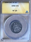 1858 ANACS VF20 Liberty Seated Quarter 25c