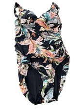 Jantzen Print Surplice Maillot One Piece Swimsuit Size 16 Black Cabana Beach NEW