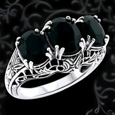 ART DECO STYLE BLACK AGATE THREE-STONE 925 STERLING SILVER FILIGREE RING 763