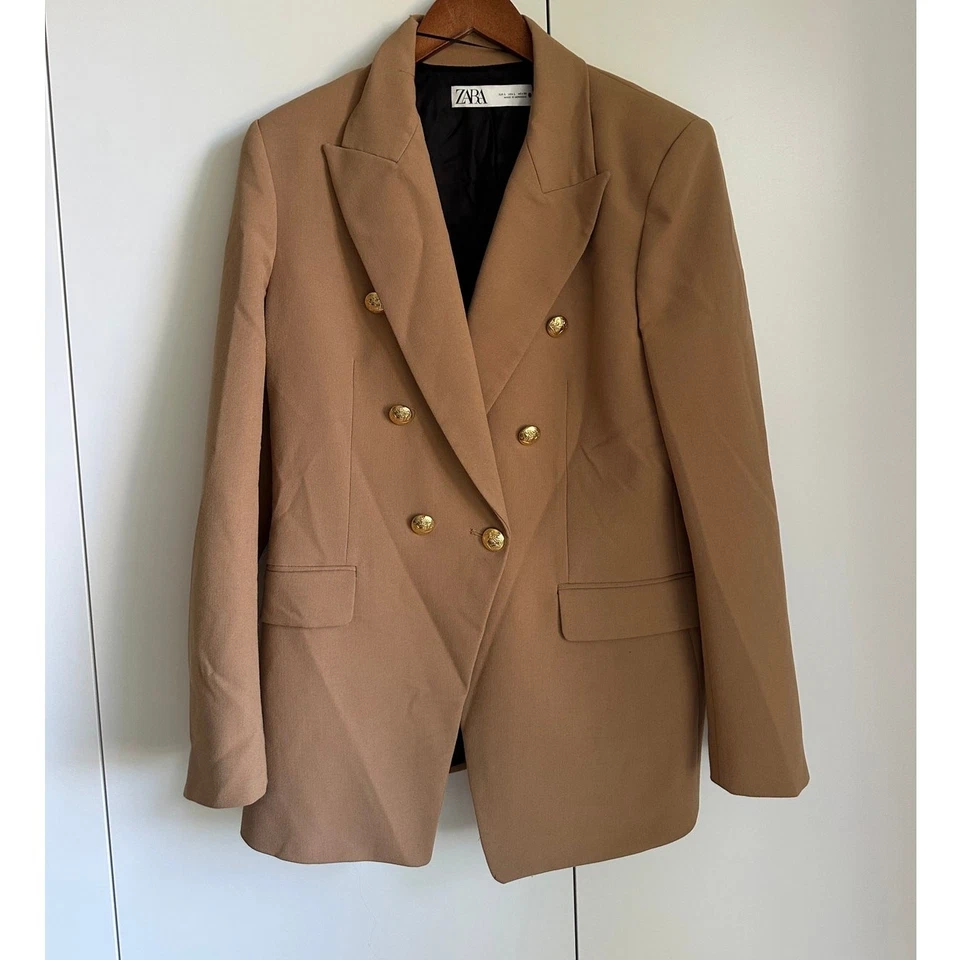ZARA Womens Blazer Size large Carmel Double Breasted Blogger Fave Classic Fall - Image 2 of 4