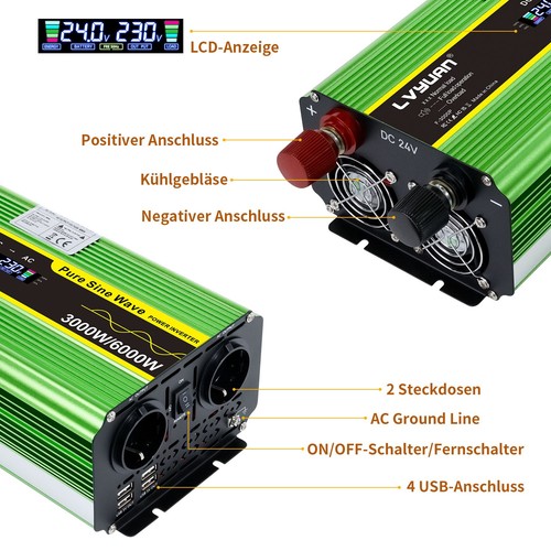 Wechselrichter 12V 24V 4000W 6000W 8000W 4USB 2AC Reiner Sinus Spannungswandler - Bild 47 von 62