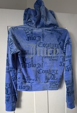 Image of Juicy Couture Hoodie Cropped Monogram Track Jacket Blue Velour Diamanté Large