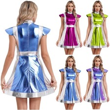 Womens Alien Dress-up Glossy Halloween Costume Metallic Space Fighter Carnival