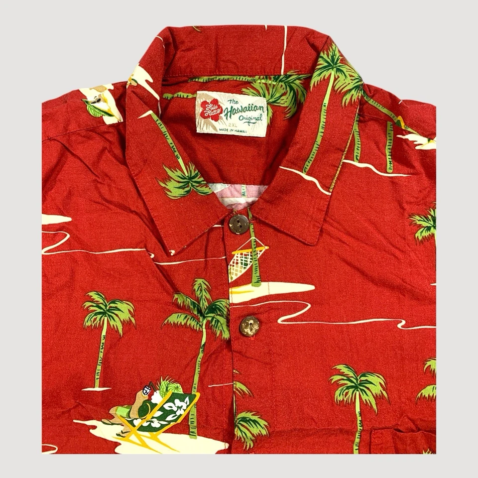 Camisa masculina Hilo Hattie 2XL vermelha tropical Papai Noel espreguiçadeira palmeiras rayon - Imagem 3 de 4