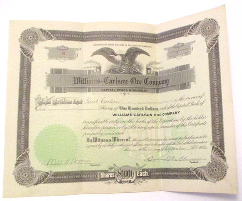 OBSOLETE ANTIQUE 1912 WILLIAMS CARLSON ORE CORP. DULUTH, MINN. STOCK CERTIFICATE