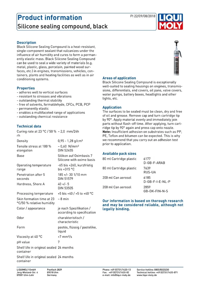 Compuesto impermeable de silicona negro Liqui Moly 200 ml 6185 2 UNIDADES Foto 2 de 4