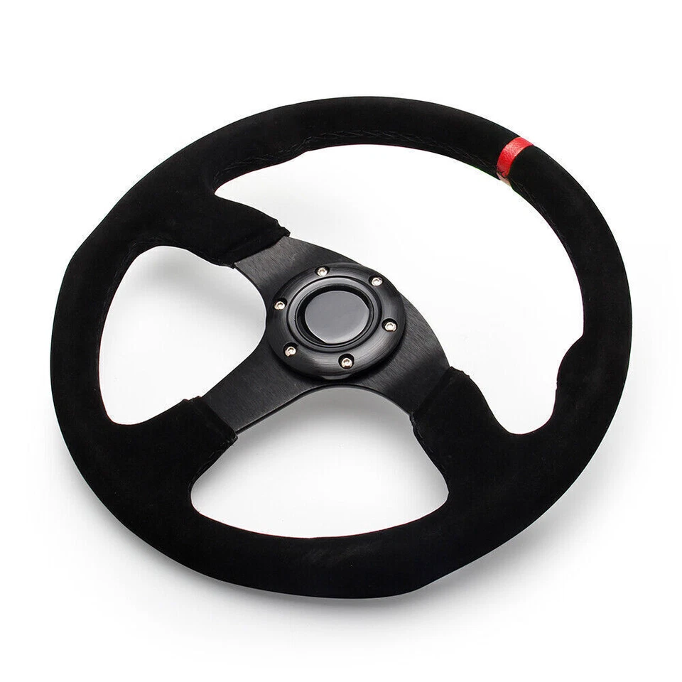 Volante plano de cuero gamuza rojo de carreras de 14 pulgadas 350 mm con botón de bocina⭐⭐⭐⭐⭐⭐⭐ Foto 4 de 4