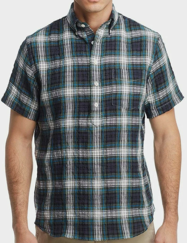 $395 Oobe Men's Classic Fit Green Blue Plaid Short-Sleeve Linen Popover Shirt S
