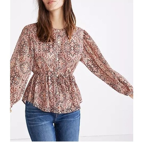 Madewell Small Drawstring Top in Kaleidoscope Print Pink Brown Blouse - Picture 7 of 7