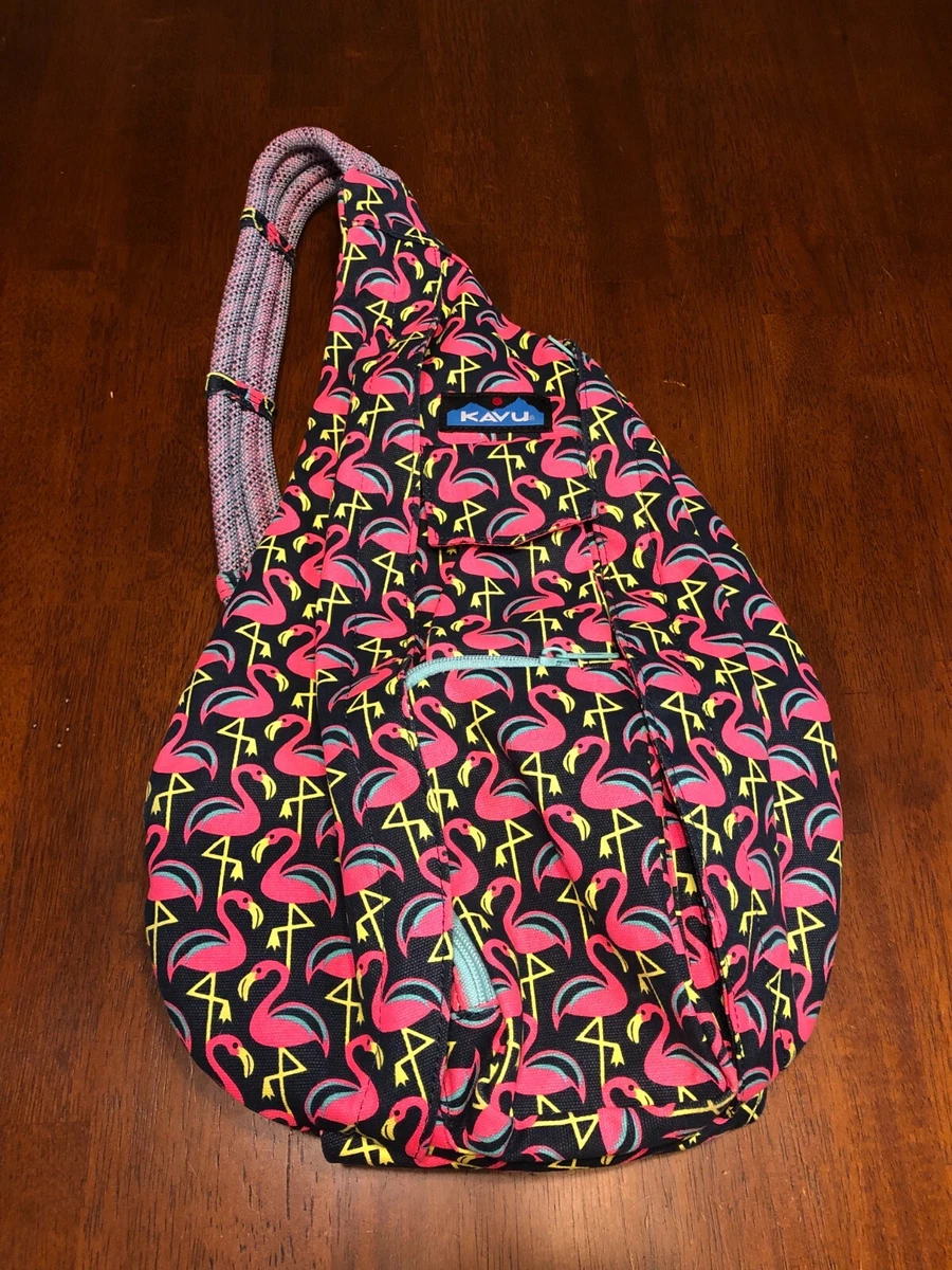 Kavu Women s Pink Flamingo Print Cotton Adjustable Strap Rope Sling Backpack Bag