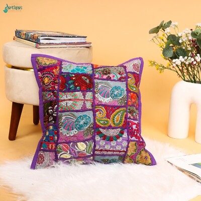 Artisan Handloom Purple Patchwork Throw Pillow 16 inch Cotton