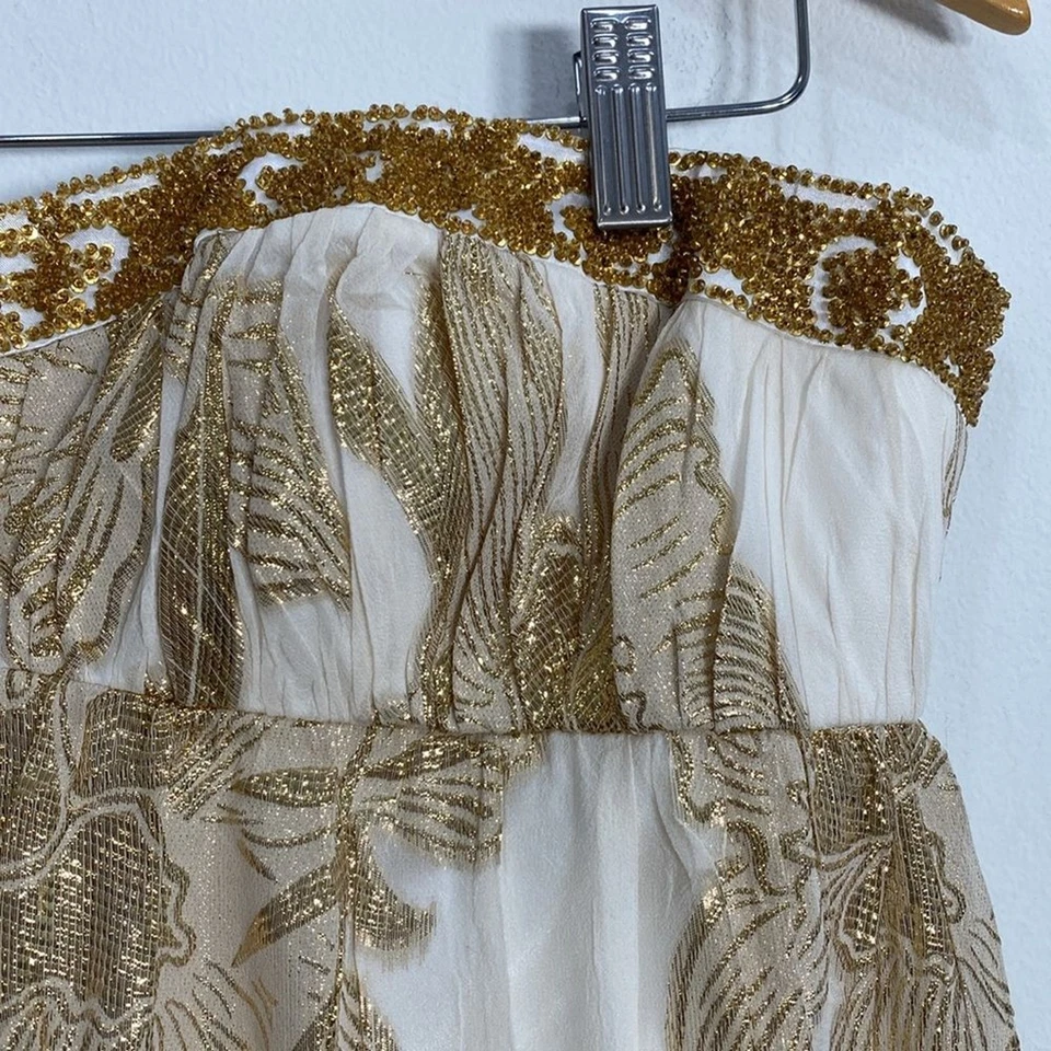 Вечернее платье Aidan Mattox из шелковой фольги с цветочным бисером 14 кремовое/золотистое - Изображение 2 из 4