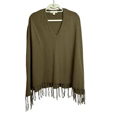 Michael Kors Wrap Poncho Shawl Women's Small/Medium V-Neck Brown/Olive Tassels