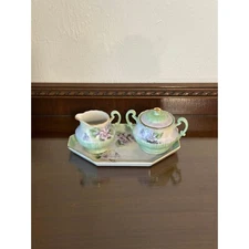 1881 Antique Pillivuyt France Hand Painted Art Decor Cream and Sugar Set w/ Tray