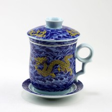 Chinesische Teetasse Drache aus Porzellan, Deckel-Tasse mit Sieb, blau-wei&szlig; gro&szlig;
