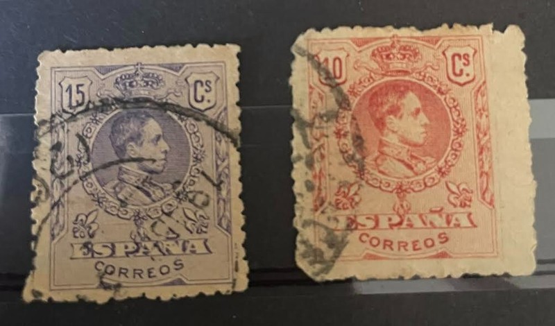 Spain Stamps Alfonso XIII ERROR edge, RARE, Espana Correos, 15 purple,10 red cs 