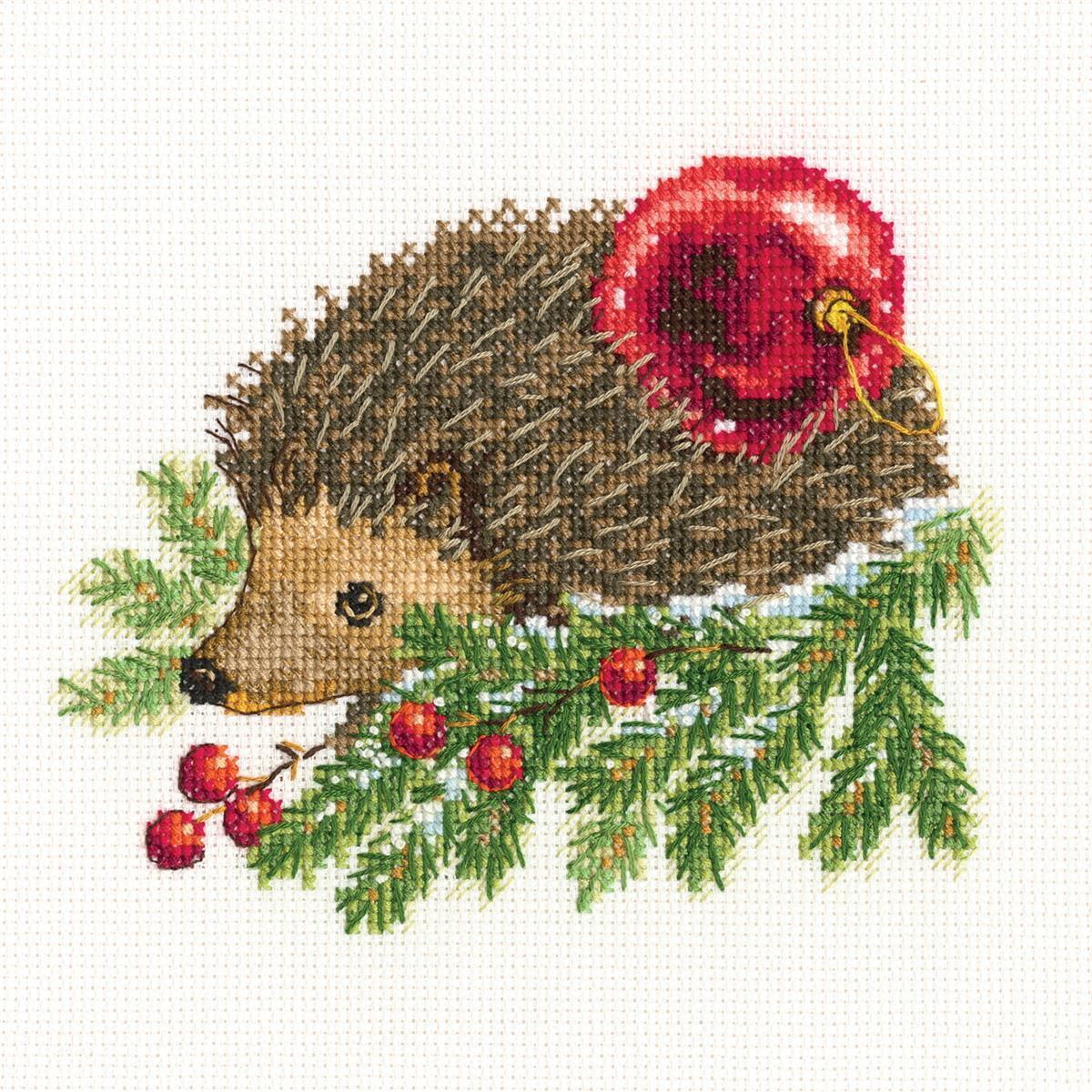RTO counted Cross Stitch Kit ""Hedgehog decorating Christmas tree"" C269, 15,5x13