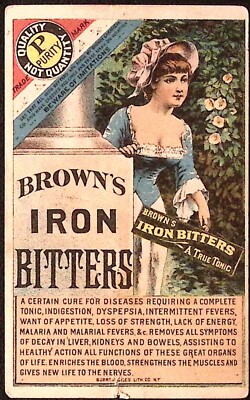 Browns Iron Bitters True Tonic Victorian Trade Card Quack Medicine Hollyhocks
