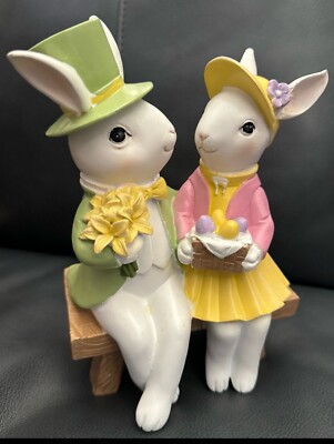 Bunnies On A Bench figurine Easter Decor