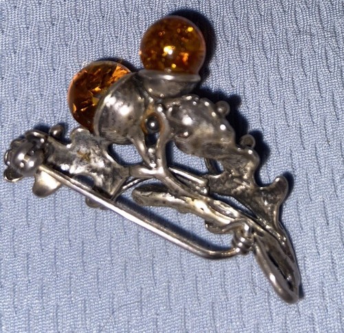 925 Sterling Silver Honey Baltic Amber Oak Acorn Leaf Pendant Brooch 9g VINTAGE! - Picture 6 of 6