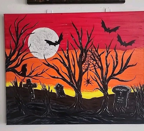 Halloween Cemetery Painting Folk Art on Canvas, Signed and ready to hang - Picture 6 of 6
