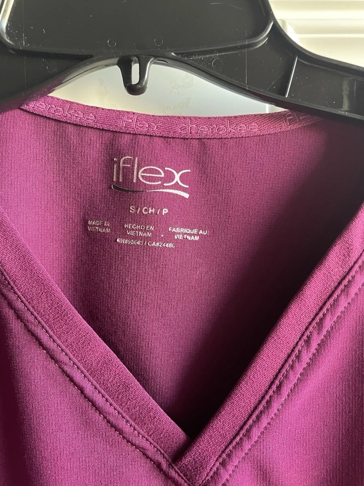 Cherokee Iflex Small V Neck Knit Panel Scrub Top Wine Uniform - Image 3 of 4