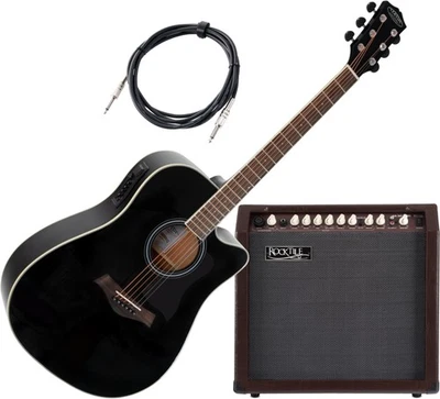 Guitare Electro Acoustique Folk Cutaway Noir 3-Bandes EQ Noir Combo & Cable Set - Photo 1/4