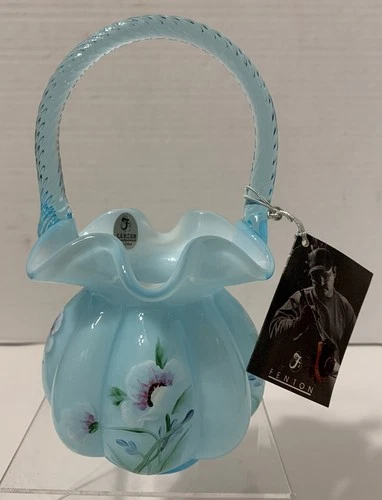 2002 Fenton Glass Blue Topaz Overlay Melon Basket Vase w/ Tag - Nancy Fenton